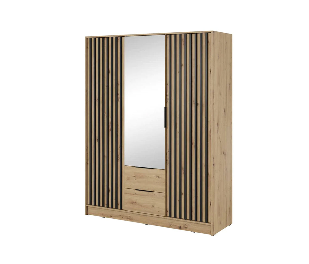 Bamberg Mirrored Hinged Door Wooden Wardrobe with 3 Doors 2 Drawer in Oak Artisan & Lamella Black