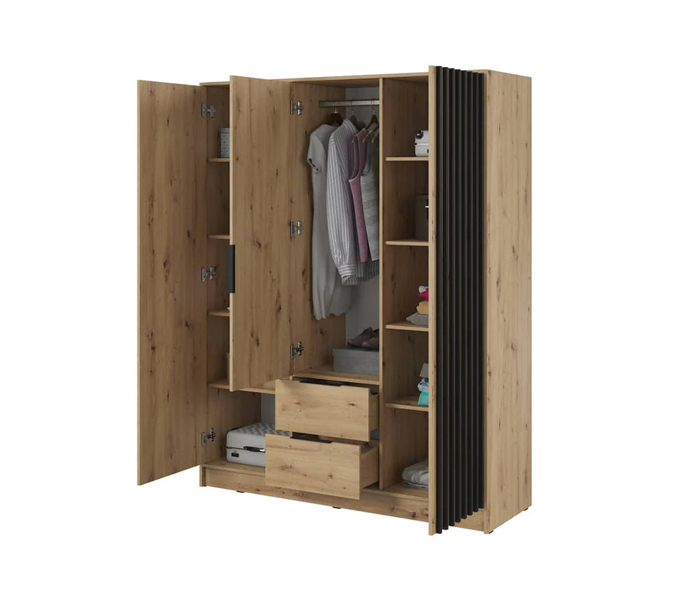 Bamberg Mirrored Hinged Door Wooden Wardrobe with 3 Doors 2 Drawer in Oak Artisan & Lamella Black