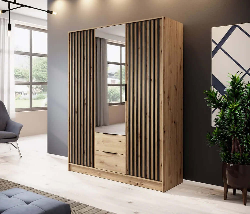 Bamberg Mirrored Hinged Door Wooden Wardrobe with 3 Doors 2 Drawer in Oak Artisan & Lamella Black - Furniture One Shop