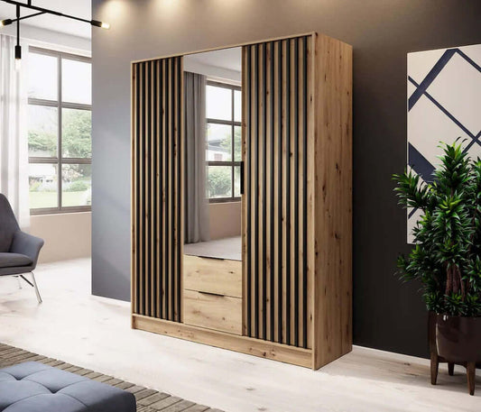 Bamberg Mirrored Hinged Door Wooden Wardrobe with 3 Doors 2 Drawer in Oak Artisan & Lamella Black - Furniture One Shop