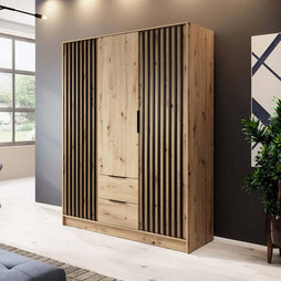 Bamberg Hinged Door Wooden Wardrobe with 3 Doors 2 Drawer in Oak Artisan & Lamella Black - Furniture One Shop