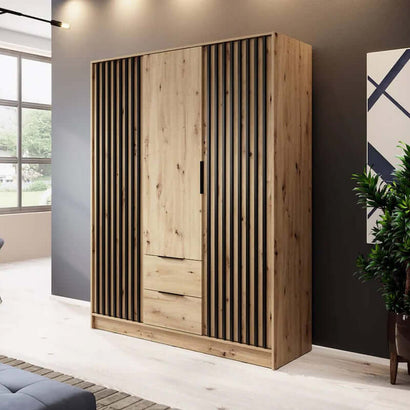 Bamberg Hinged Door Wooden Wardrobe with 3 Doors 2 Drawer in Oak Artisan & Lamella Black - Furniture One Shop