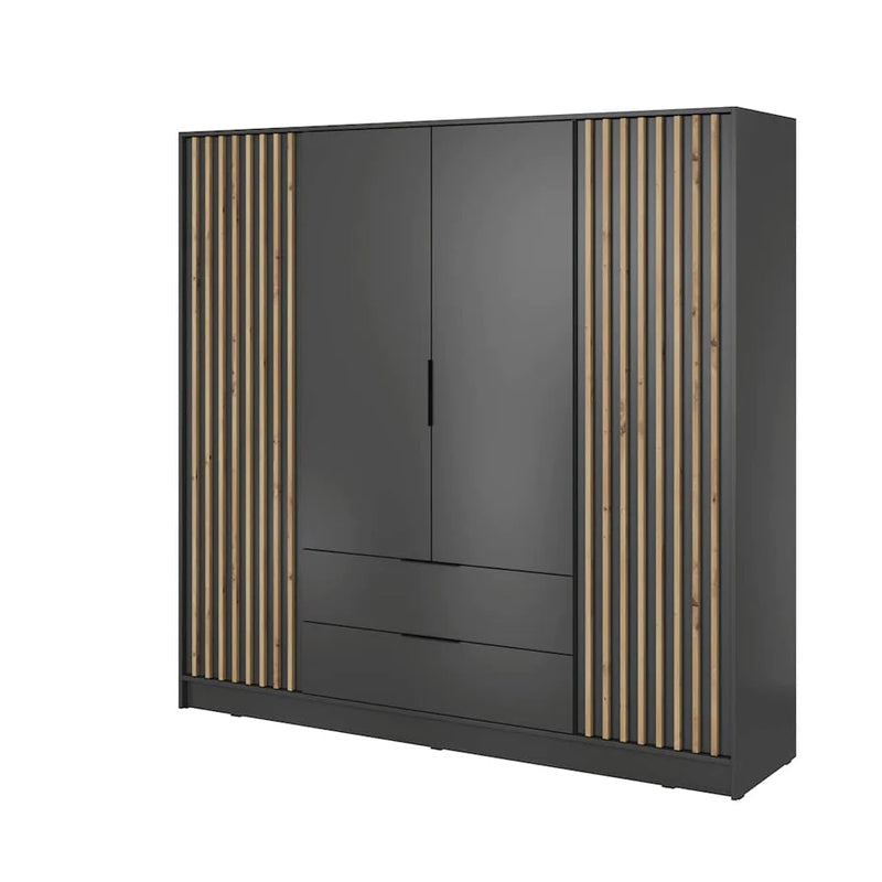 Bamberg Hinged Door Wooden Wardrobe with 4 Doors 2 Drawer in Graphite & Lamella Artisan