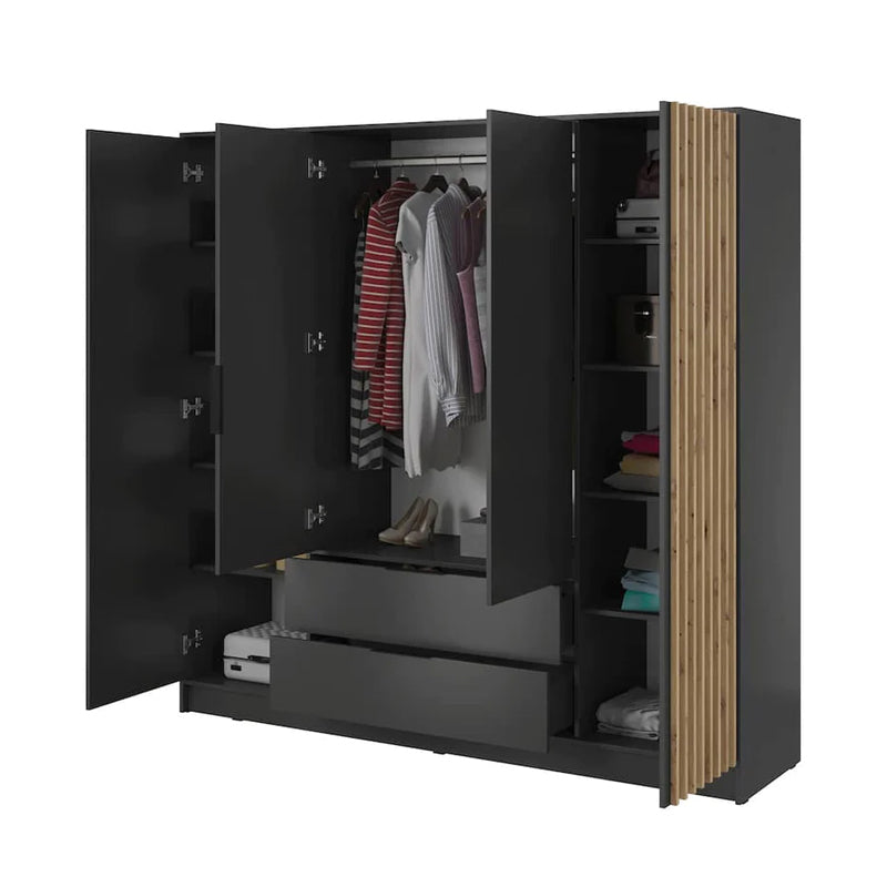 Bamberg Hinged Door Wooden Wardrobe with 4 Doors 2 Drawer in Graphite & Lamella Artisan - Furniture One Shop