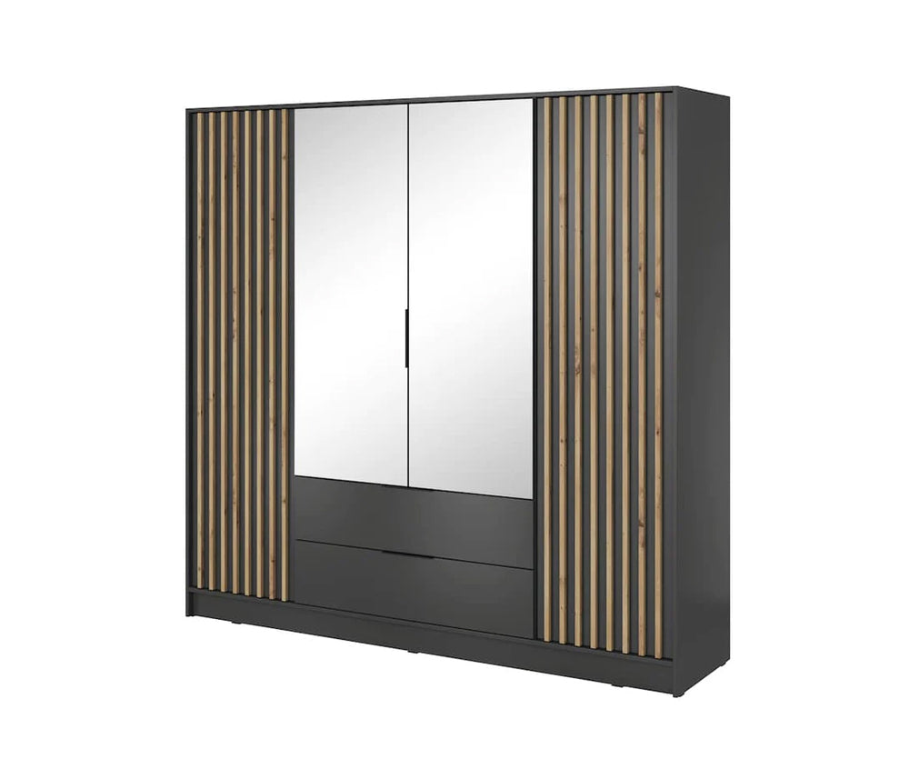 Bamberg Mirrored Hinged Door Wooden Wardrobe with 4 Doors 2 Drawer in Graphite & Lamella Artisan