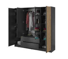 Bamberg Mirrored Hinged Door Wooden Wardrobe with 4 Doors 2 Drawer in Graphite & Lamella Artisan - Furniture One Shop