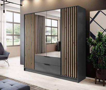 Bamberg Mirrored Hinged Door Wooden Wardrobe with 4 Doors 2 Drawer in Graphite & Lamella Artisan - Furniture One Shop
