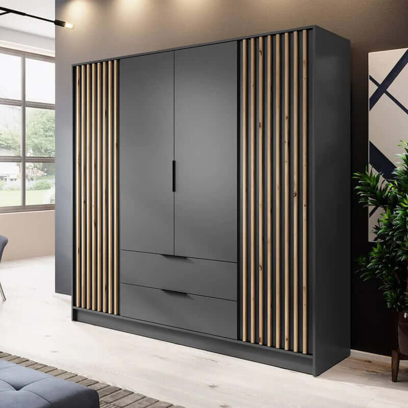 Bamberg Hinged Door Wooden Wardrobe with 4 Doors 2 Drawer in Graphite & Lamella Artisan