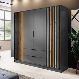 Bamberg Hinged Door Wooden Wardrobe with 4 Doors 2 Drawer in Graphite & Lamella Artisan - Furniture One Shop