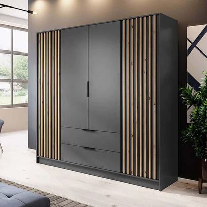 Bamberg Hinged Door Wooden Wardrobe with 4 Doors 2 Drawer in Graphite & Lamella Artisan - Furniture One Shop