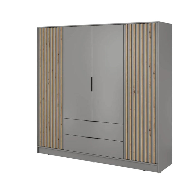 Bamberg Hinged Door Wooden Wardrobe with 4 Doors 2 Drawer in Grey & Lamella Artisan