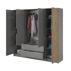 Bamberg Hinged Door Wooden Wardrobe with 4 Doors 2 Drawer in Grey & Lamella Artisan - Furniture One Shop
