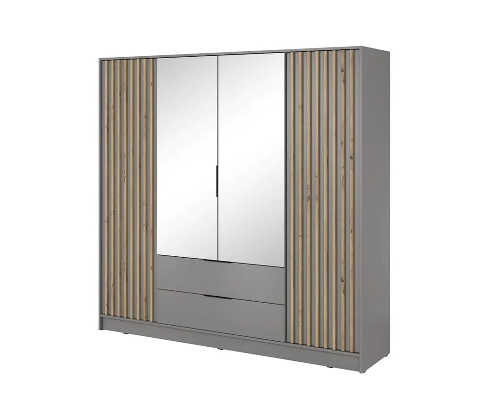 Bamberg Mirrored Hinged Door Wooden Wardrobe with 4 Doors 2 Drawer in Grey & Lamella Artisan