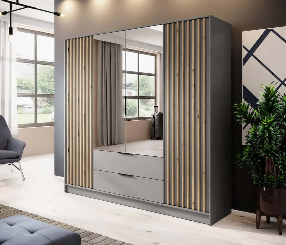 Bamberg Mirrored Hinged Door Wooden Wardrobe with 4 Doors 2 Drawer in Grey & Lamella Artisan