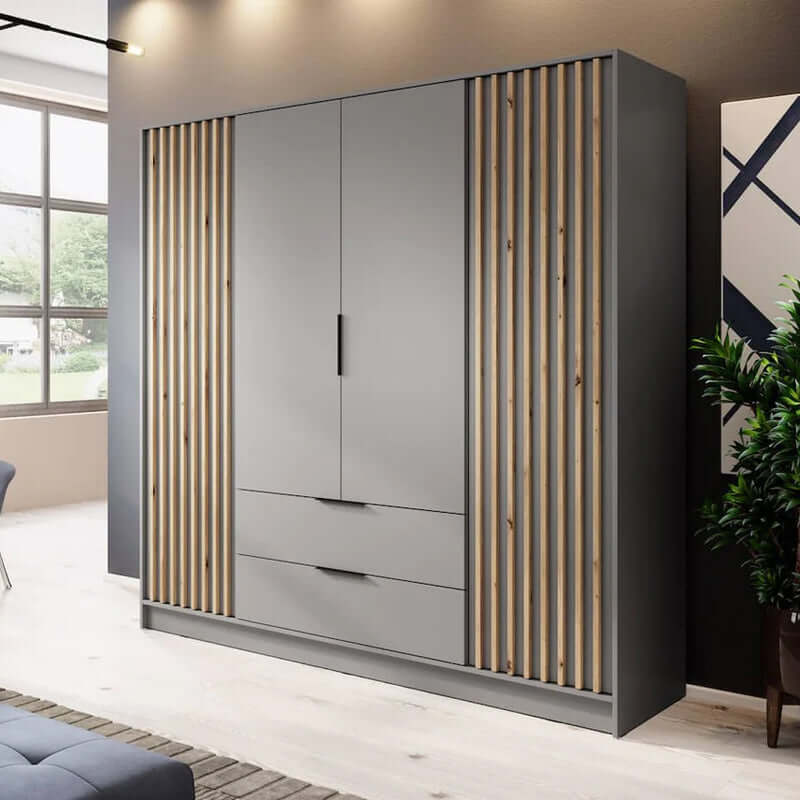 Bamberg Hinged Door Wooden Wardrobe with 4 Doors 2 Drawer in Grey & Lamella Artisan