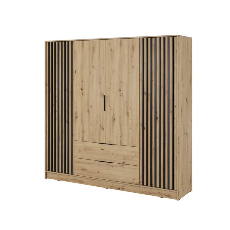 Bamberg Hinged Door Wooden Wardrobe with 4 Doors 2 Drawer in Oak Artisan & Lamella Black - Furniture One Shop