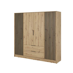 Bamberg Hinged Door Wooden Wardrobe with 4 Doors 2 Drawer in Oak Artisan & Lamella Black - Furniture One Shop