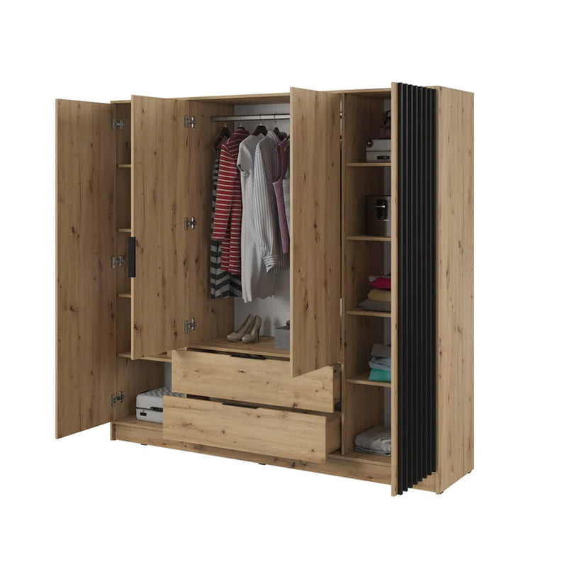 Bamberg Hinged Door Wooden Wardrobe with 4 Doors 2 Drawer in Oak Artisan & Lamella Black - Furniture One Shop