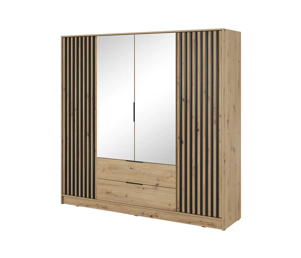 Bamberg Mirrored Hinged Door Wooden Wardrobe with 4 Doors 2 Drawer in Oak Artisan & Lamella Black