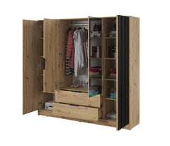 Bamberg Mirrored Hinged Door Wooden Wardrobe with 4 Doors 2 Drawer in Oak Artisan & Lamella Black - Furniture One Shop