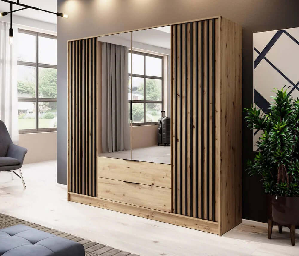 Bamberg Mirrored Hinged Door Wooden Wardrobe with 4 Doors 2 Drawer in Oak Artisan & Lamella Black - Furniture One Shop