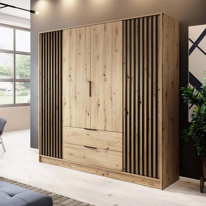 Bamberg Hinged Door Wooden Wardrobe with 4 Doors 2 Drawer in Oak Artisan & Lamella Black - Furniture One Shop