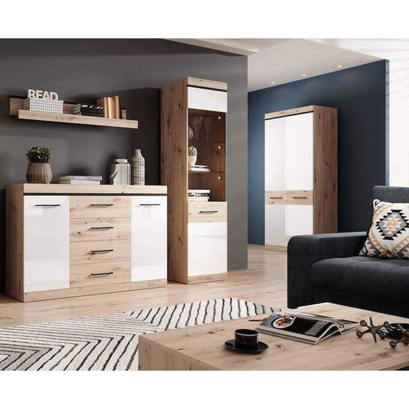 Nelly Wooden Large Display Cabinet in Oak Artisan and White High Gloss - Furniture One Shop