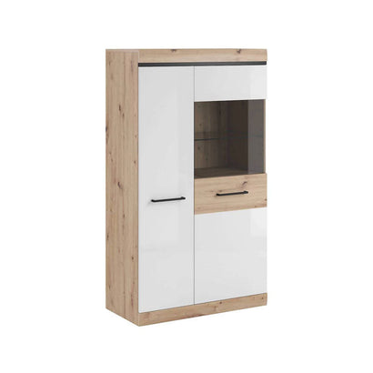 Nelly Wooden Large Display Cabinet in Oak Artisan and White High Gloss - Furniture One Shop