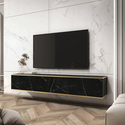 Oro Floating TV Cabinet in Black Marble Effect- 175cm - Furniture One Shop